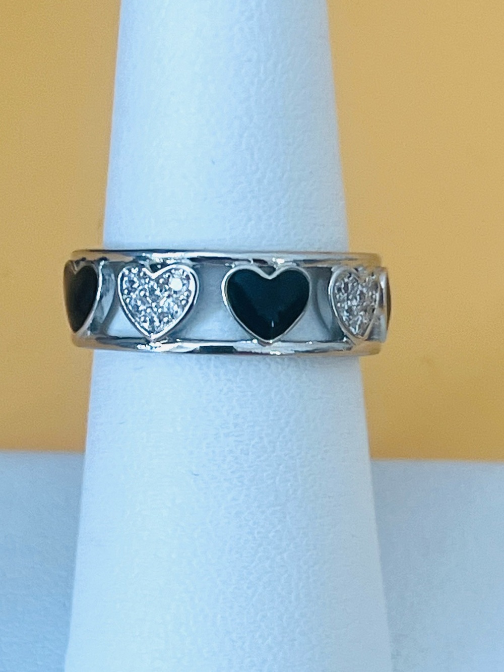 Sterling Heart Band Ring with Black Enamel Hearts